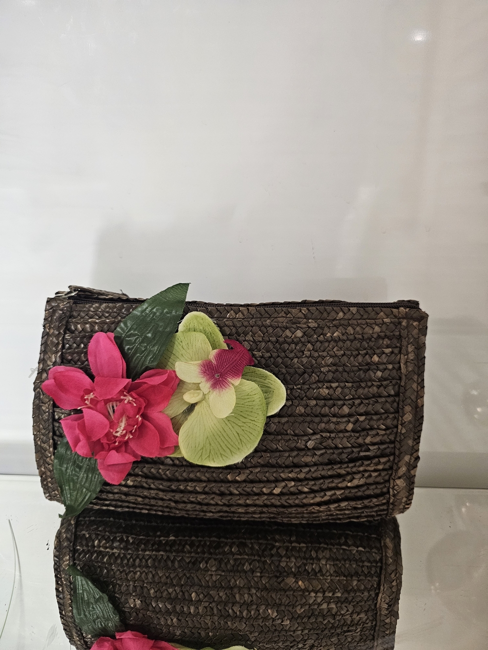 Woven Straw Clutch with Pink & Lime Floral Accent